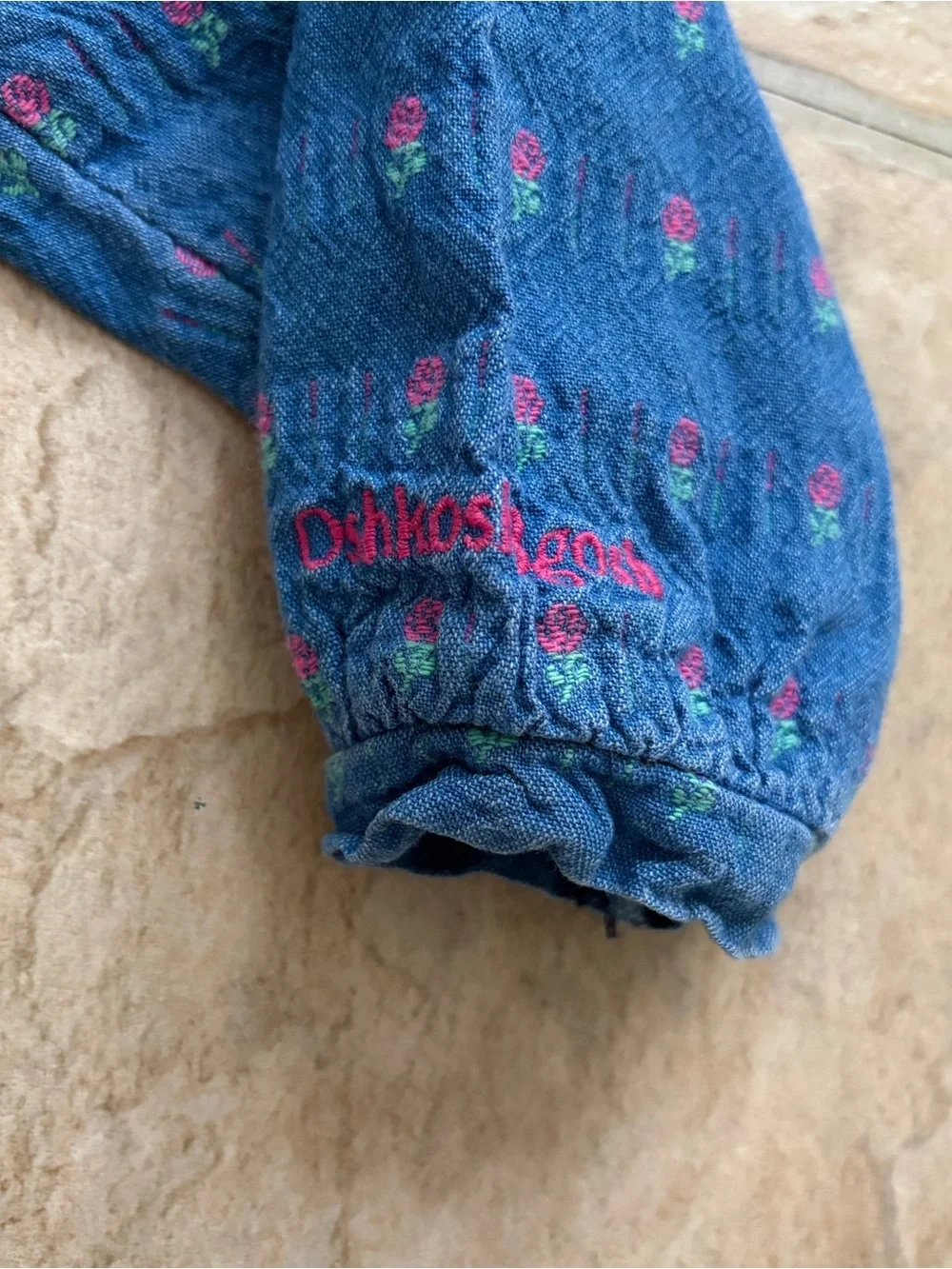 Vintage OshKosh B’Gosh Denim Floral Dress Lace Collar Puff Sleeve Toddler 2T-3T